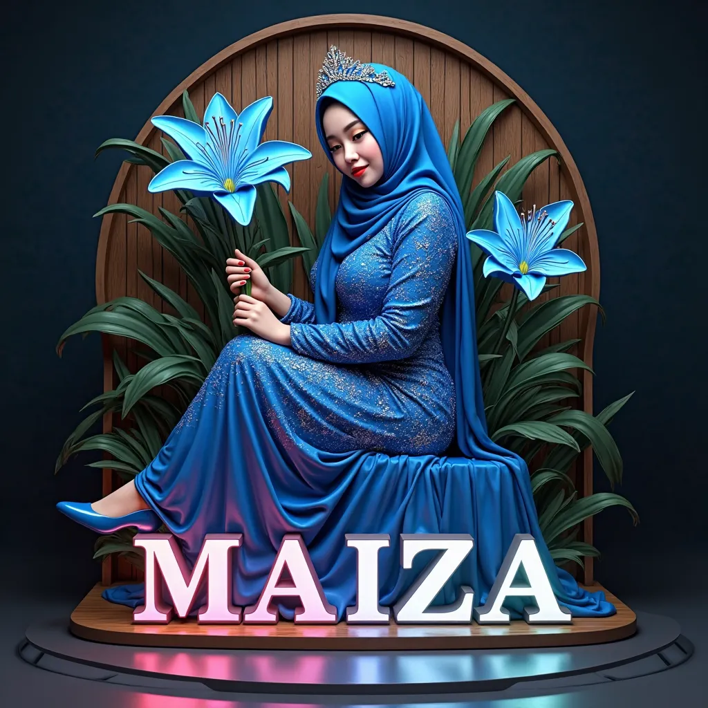 Luxury 3D realistic clear relief painting of a beautiful young Malay woman chubby wearing blue hijab and wearing a long elegant sparkling blue dress and shoes and modern hijab style with sparkling crystal crown. The woman sits gracefully in a round garden ...