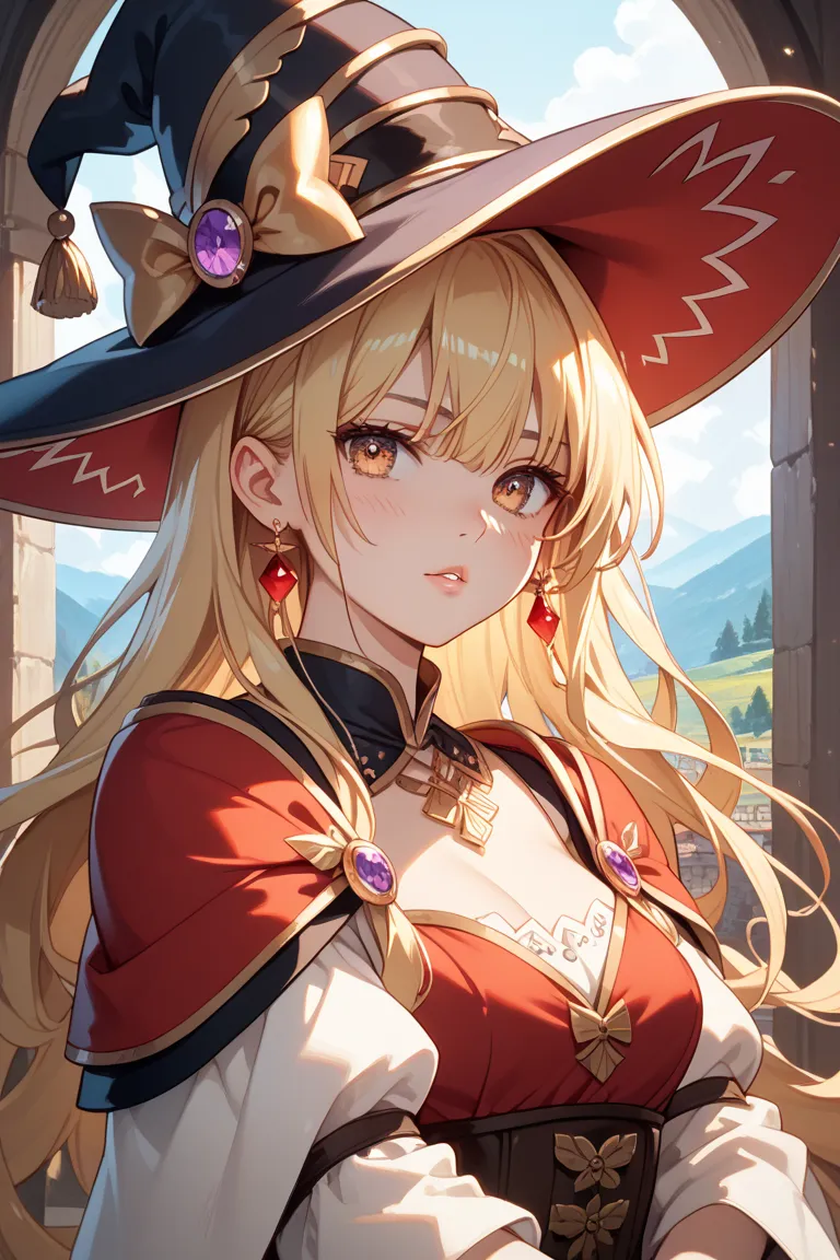 ((masterpiece, best quality, highest quality,I have sharp eyes, beautiful images of Ryoma,girls, Alone, Completely-Wide,  perfect composition,Midea, Kobushi)) long hair,  blonde hair, mackerel type , Golden Eyes,Red tip , medieval European background, medi...