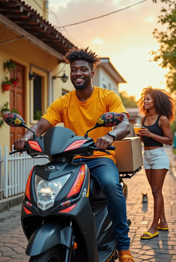 Dynamic scene of a young Black delivery motorbike rider making a delivery, with a focused expression and a slight smile. He is wearing a vibrant yellow t-shirt with subtle chita print details on the sleeves and dark blue jeans. The delivery bike is black, ...