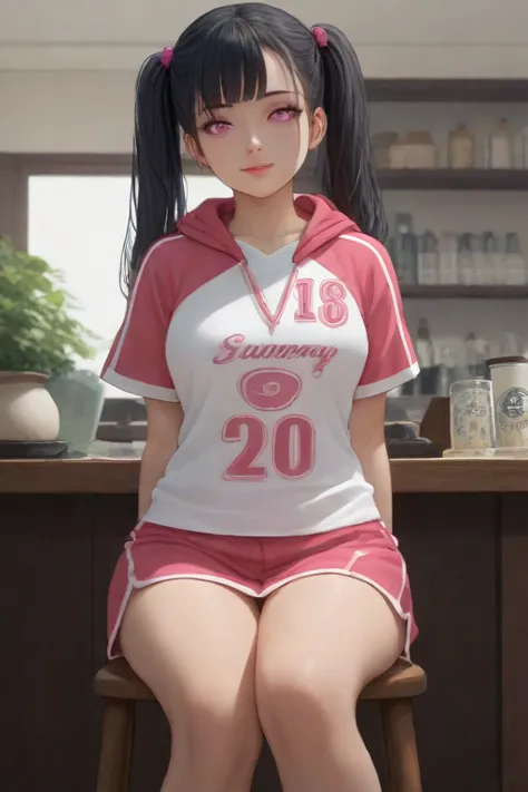 woman、 straight twin tails、 black hair、The hood is being removed、I'm wearing a jersey and hot pants、A beautiful Japanese anime style、Pink eyes、Illustration of waist circumference or more、I'm looking diagonally to the left、I'm sitting on a chair and having ...