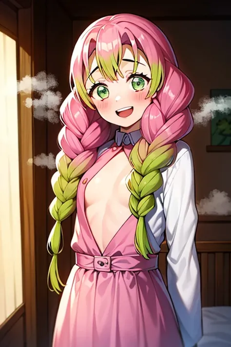 ((highest quality)), ((masterpiece)), (be familiar with), perfect face, indoors, bedroom, viewers,
One woman, Kanroji Mitsuri,
open mouth, steam clouds drift, blush, smile,
 small tits, flat chest, Young girl,  lori,  ,  girl,
long hair, braids,
 open,