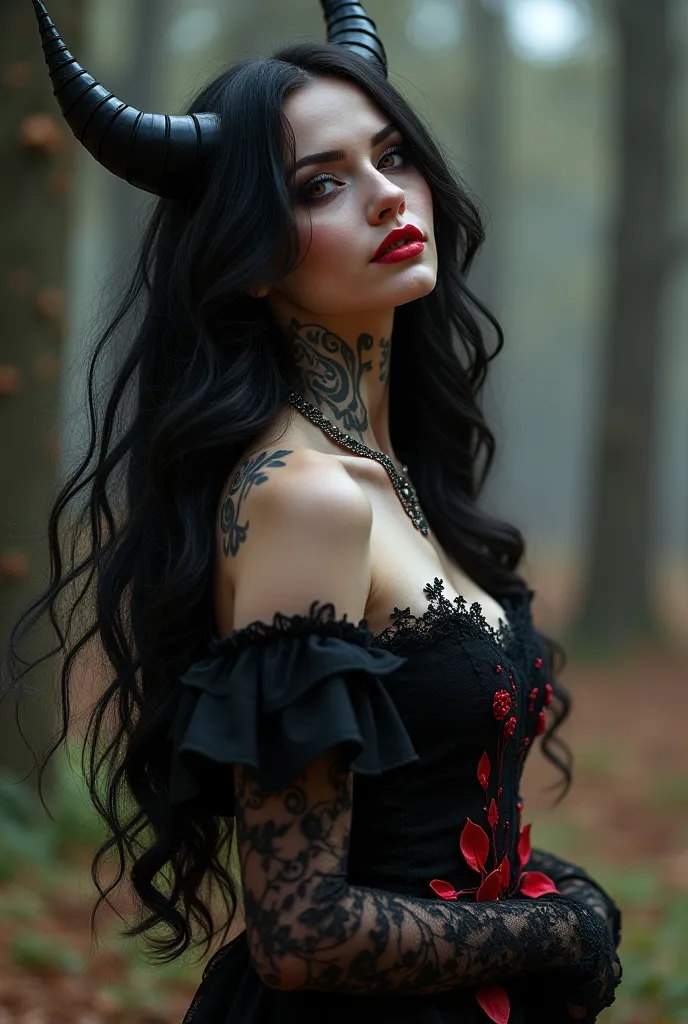 a Stuningly Beautiful Sexy She-Devil Lilith , Ghotic make up,  Pale Skin, Stuning Red eyes with Thick long Black Curved Eyelashes , Ingraved Tattoos on her Face and Neck, Long Beautiful  Big Black Lush Hair Floating at her Back around Her, Red Kissable Gli...