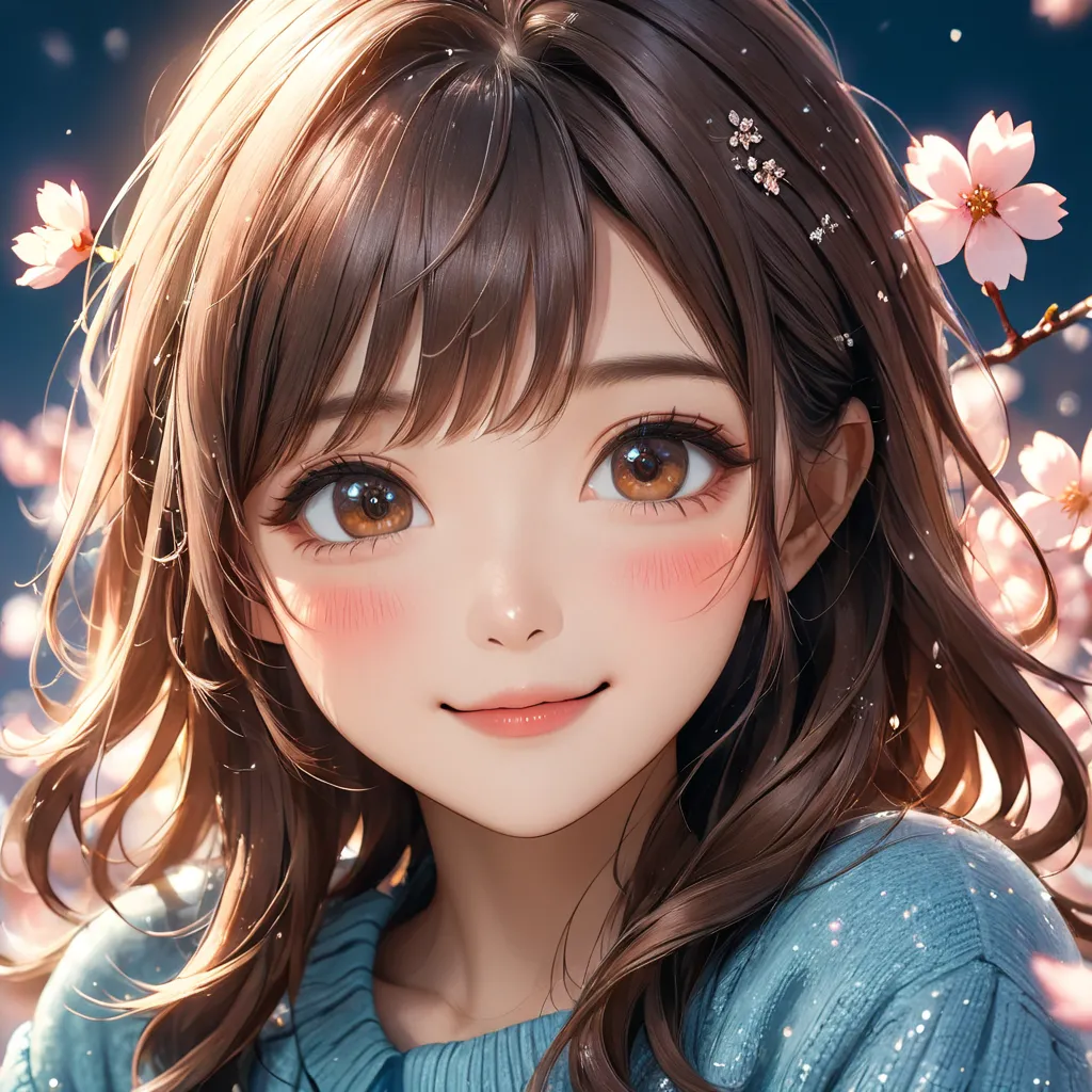 A round, white glittery image depicting the face of a cheerful cute anime girl with soft wavy chestnut brown hair with gentle highlights, side-swept bangs framing the face and large expressive warm brown eyes with bright highlights, gentle and friendly smi...