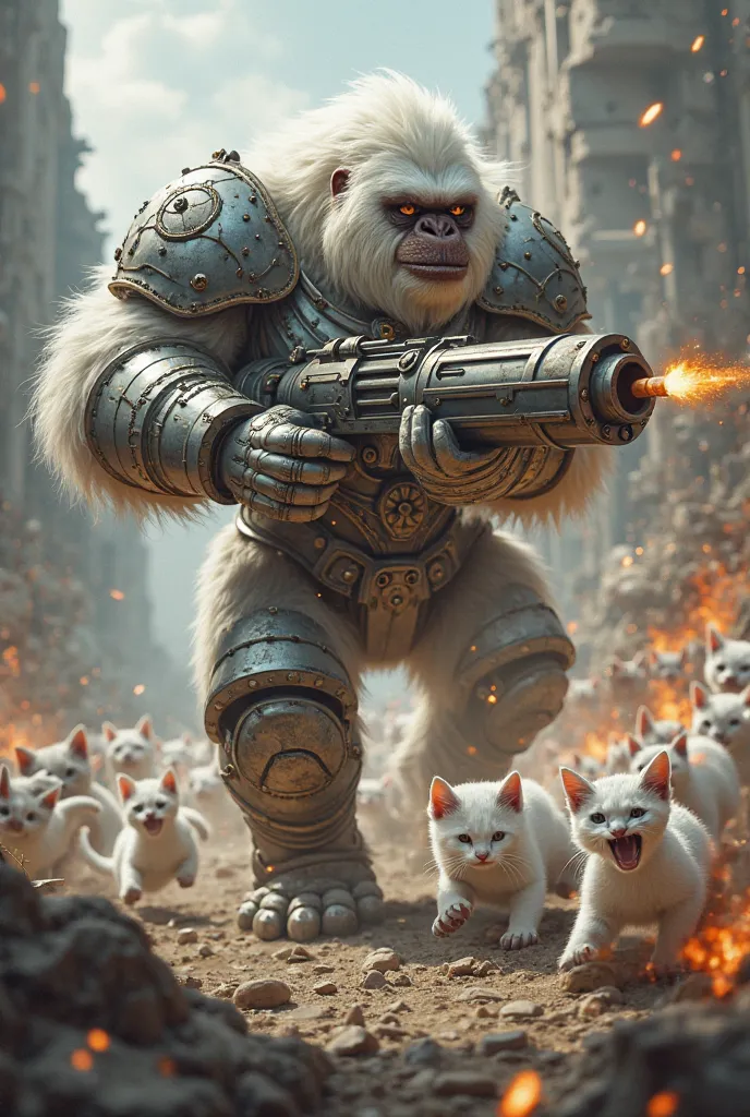 An white orangutan in battle armor charges into the battlefield with a minigun in hand, cutting through the front lines of white cats trying to take cover behind the rubble.