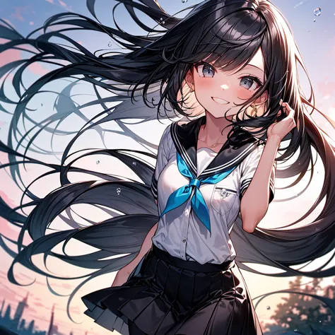 flowing hair with handprints, beautiful sky from the light source,  beautiful clouds, summer, Colorful Flowers, (Transparent bubbles sparkle in the sky), Standing on the riverbank, sunset, 
viewers,  school uniform, pleated skirt, black pantyhose, gravure ...