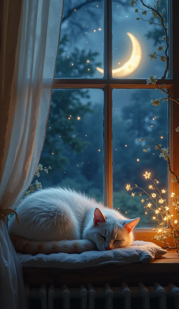 A soft, fluffy cat curls up on a cushioned windowsill, bathed in the gentle glow of the stars. As the fairy’s harp melody drifts through the cool night air, the cat purrs softly, its tail twitching slightly before settling into a deep, peaceful sleep. The ...