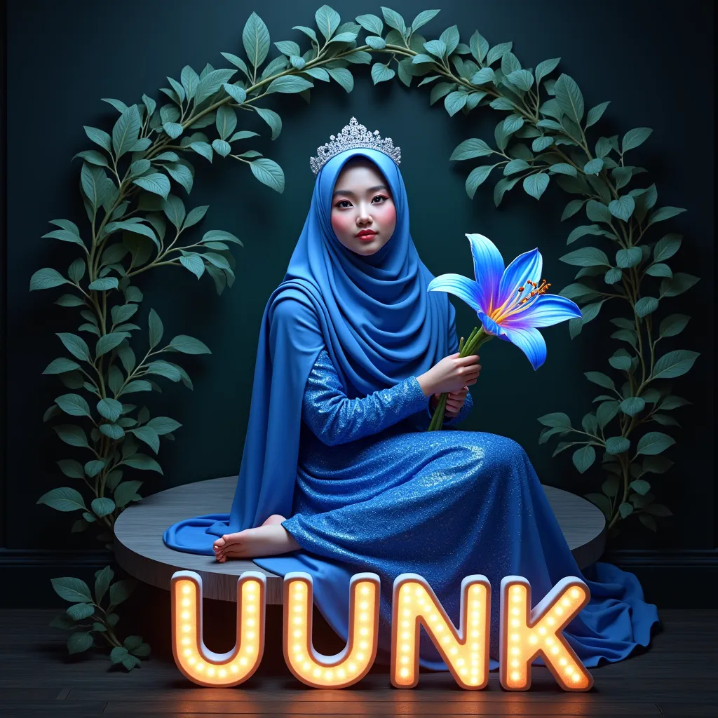 Luxury 3D realistic clear relief painting of a beautiful young Malay woman chubby wearing blue hijab and wearing a long elegant sparkling blue dress and shoes and modern hijab style with sparkling crystal crown. The woman sits gracefully in a round garden ...