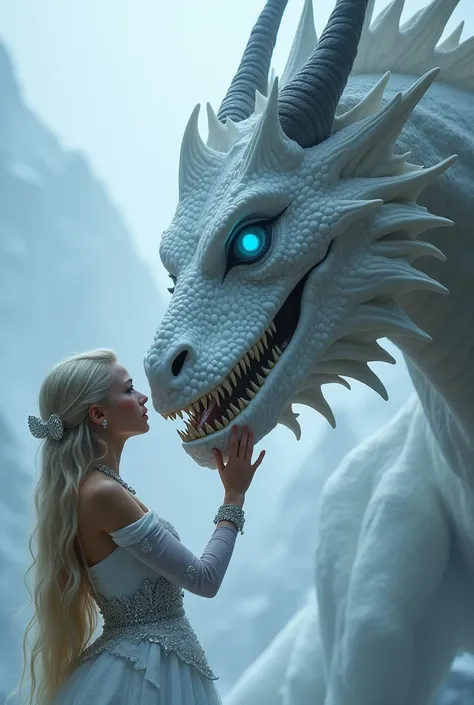 dragon,white,blue glowing eyes,ferocious species ,horns on his head is a huge mouth spewing ice vapor from his nostrils,a massive dragon head looks at the girl who strokes it , Elf girl,platinum blonde long hair with hair ornament,looks into the dragon's e...