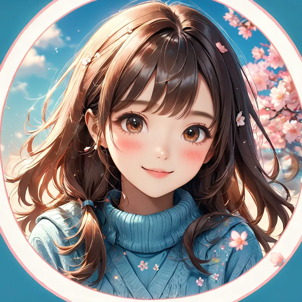 A round, white glittery image depicting the face of a cheerful cute anime girl with soft wavy chestnut brown hair with gentle highlights, side-swept bangs framing the face and large expressive warm brown eyes with bright highlights, gentle and friendly smi...