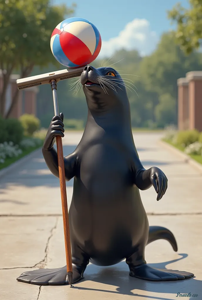 A black seal with a red white blue beach ball on his nose standing on back legs in a driveway holding a long handle squeegee winking smiling with a logo seamless seal coating  