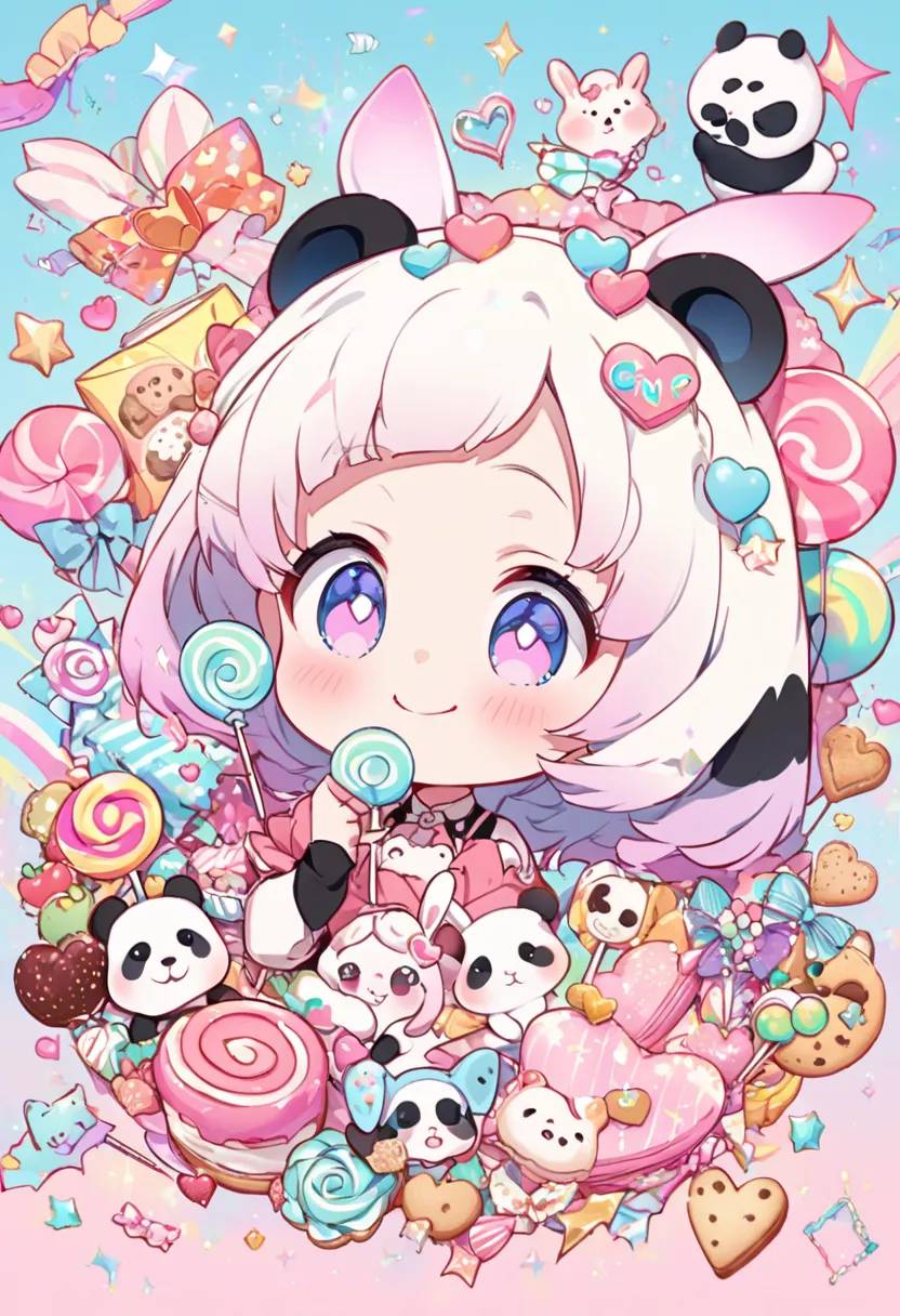 "A charming Kawaii-themed back cover with a pastel gradient background. Include small, simple illustrations of sweet treats (like candy, lollipops, and cookies) and cute animals (such as a smiling panda and bunny). Add a playful, inviting blurb about the b...