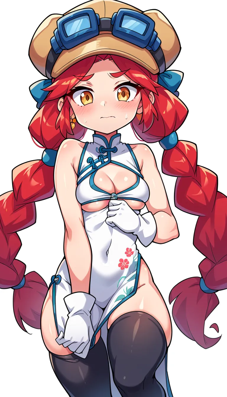 bsjessie , 1girl , red hair ,pigtails , hat , goggles on headwear, small breasts, posing embarrassed, red face, white dress,china dress,chinese clothes, white gloves,half gloves, floral print,black thighhighs, clothing cutout,sideless outfit,cleavage cutou...