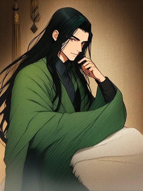 . Portrait of a 28-year-old man with long black hair and wearing a robe holding a puff,  Black hair flowing  ，Black eyes and a blue and bamboo robe, Handsome man in the art of love and seduction,Handsome young man in Demon Killer painting , black long hair...