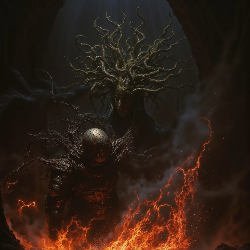 SolitaryMedusa com um cenario dark no fundo, in an epic battle with a knight covered by burning embers