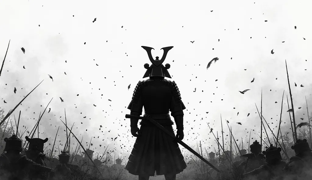 black and white ink painting style、16:9。The silhouette of Tokugawa Ieyasu in armor in the center of the screen、height screen 3/4、With thick ink lines。Battlefield in the background、3/4 wide screen、spreading out in light ink