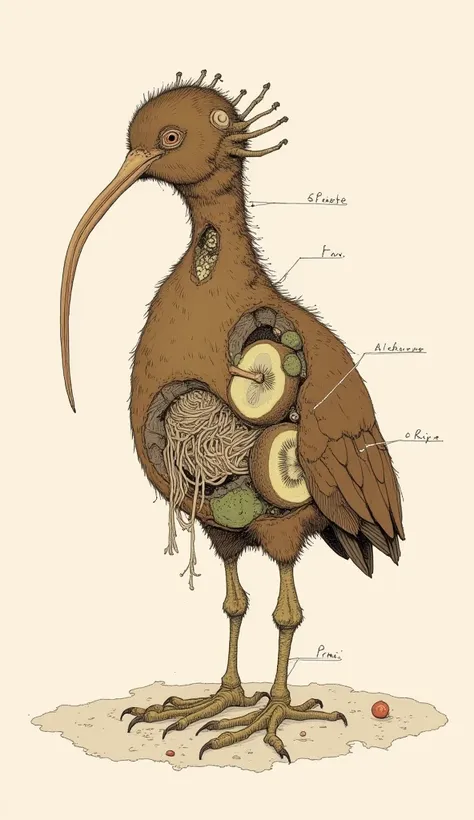 there is a drawing of a kiwi with parts labeled, kiwi, north island brown kiwi, bird anatomy,  funny illustration , kiwi fruit, funny and strange illustration, mutated wild animal,  surreal bird ,  James Arden Grant , True Anatomy !,  humorous illustration...