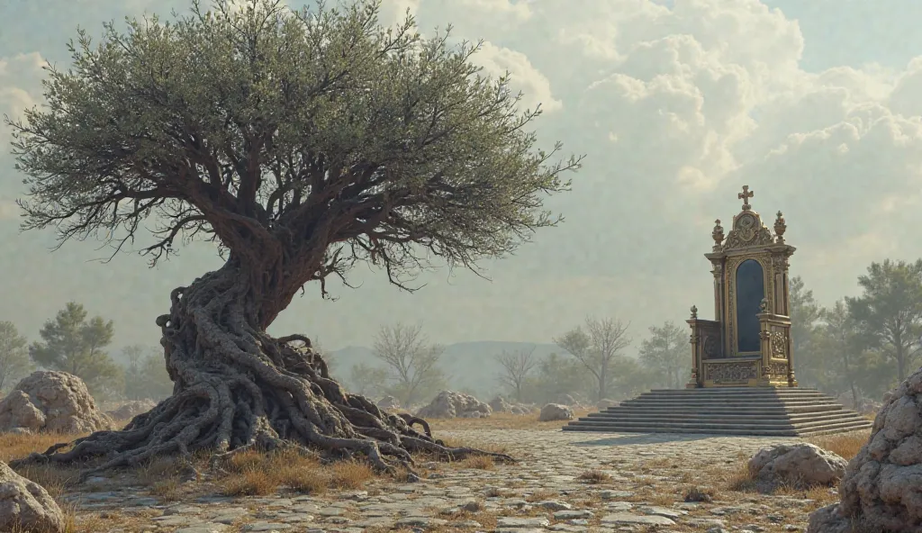 A dry olive tree next to an empty throne in the Vatican, depicting the prophecy of Benedict XVI