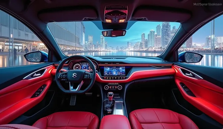 "A futuristic interior view of the 2025 Maruti Baleno hatchback inside a high-tech showroom. The cabin features a glossy red interior with chrome accents, a sleek digital dashboard, and an advanced touchscreen infotainment system. The ambient lighting high...