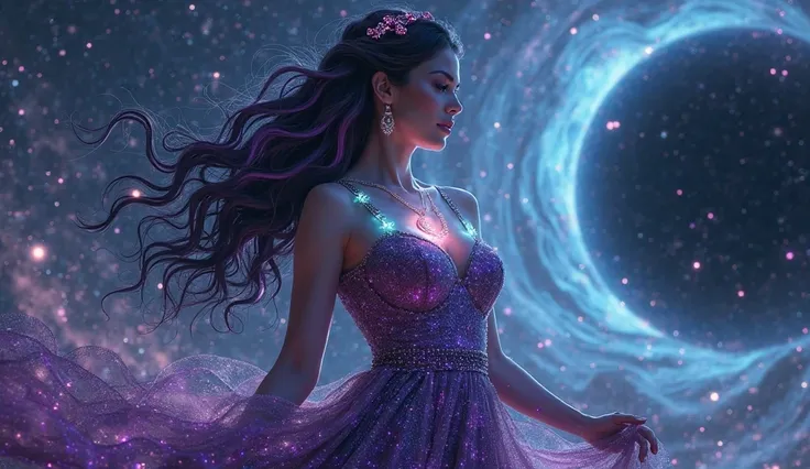  Starry Night Enchantress
Prompt:
"A mesmerizing woman with a commanding presence, her voluptuous figure wrapped in a gown made of starry fabric that glows faintly with cyan and magenta hues. The gown’s top is a sheer, open-bust design with glowing straps ...