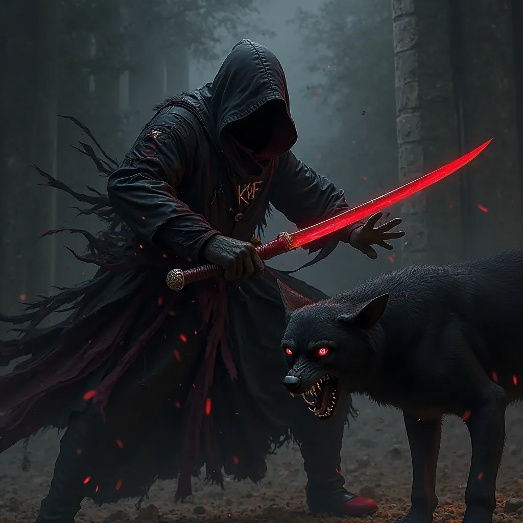 A mysterious black assassin who holds a sharp red dagger and wears a robe with the words of "KOF" who is fighting and being helped by a vicious black wolf. 