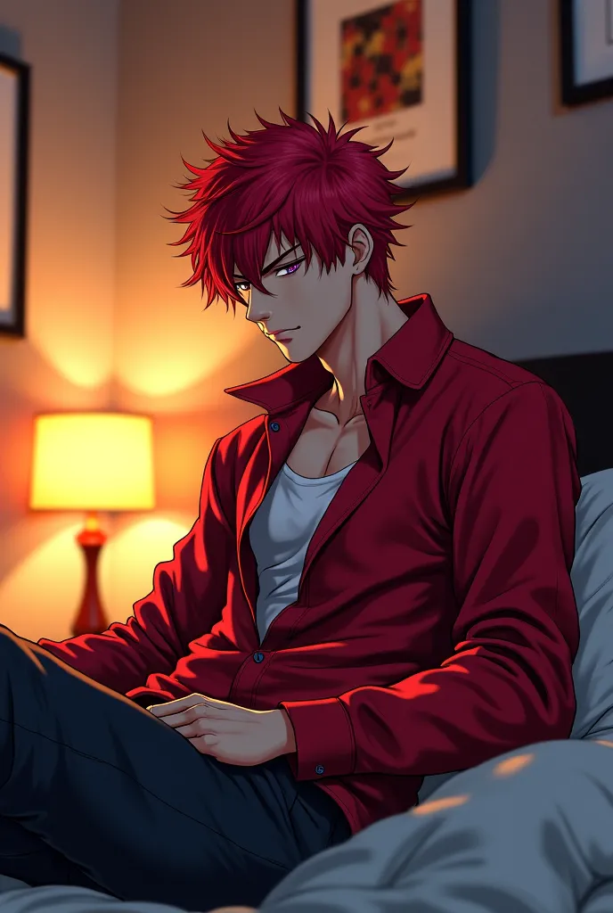 Male anime character that is wearing red, in bedroom not futuristic 