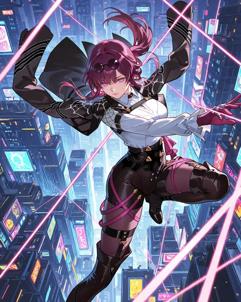 1 girl,kafka(honkaistarrail),honkaistarrail,dynamic pose,cyber city,medium shot,