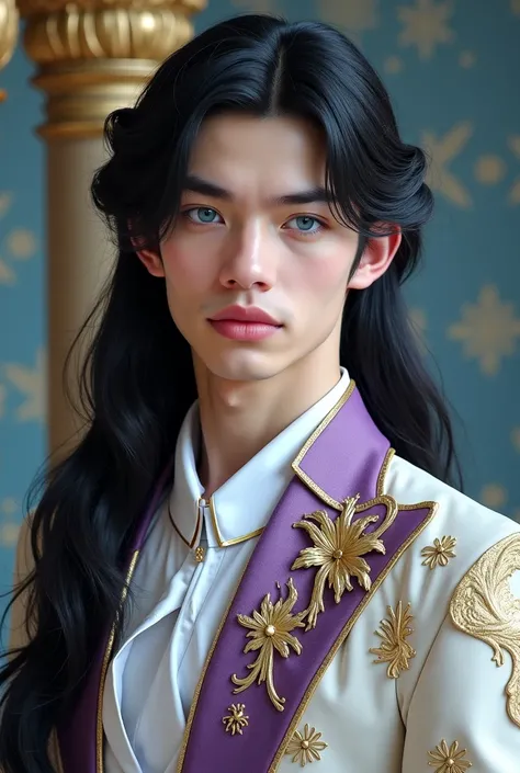 Handsome fantasy romance high lord in his early twenties  who has porcelain white skin, full round cheeks, pointed chins without chin dip, straight brows, and strikingly beautiful blue eyes that are round shaped. He is tall, muscular, with broader shoulder...