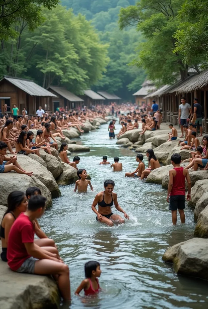 A lively outdoor river scene with people enjoying the water, sitting on large rocks, and surrounded by lush green trees. Some people are playing in the water, while others are relaxing on the riverbank. The atmosphere is joyful and energetic, with families...