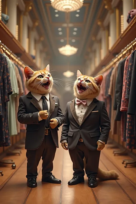 inside a large realistic  luxury clothing  store shot of 2 well dressed adult cats wearing suits holding are laughing while holding expensive clothes in hangers