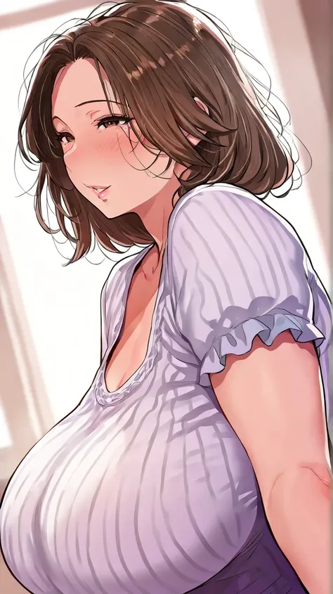 ((masterpiece)),(((best quality))),((ultra-detailed)),((illustration)),((disheveled hair)),((frills)),(1 girl),(solo), Azusa \(Taba\),brown eyes,brown hair, 1girl, breasts, mature female, shirt, solo, huge breasts, short sleeves, upper body, short hair, sm...