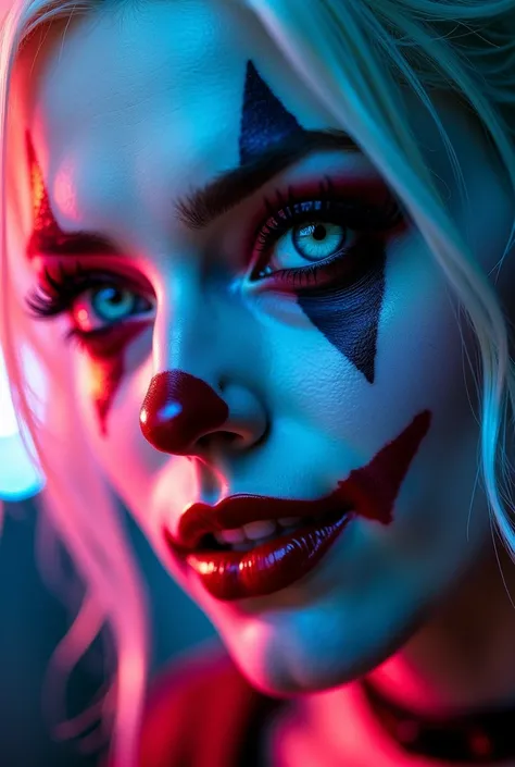 ((Hyper-realistic, extreme close-up shot of Harley Quinn’s face, capturing every microscopic detail of her flawless yet chaotic beauty. Her porcelain-white skin, painted to perfection, reveals the faintest imperfections—tiny pores, subtle cracks in the mak...