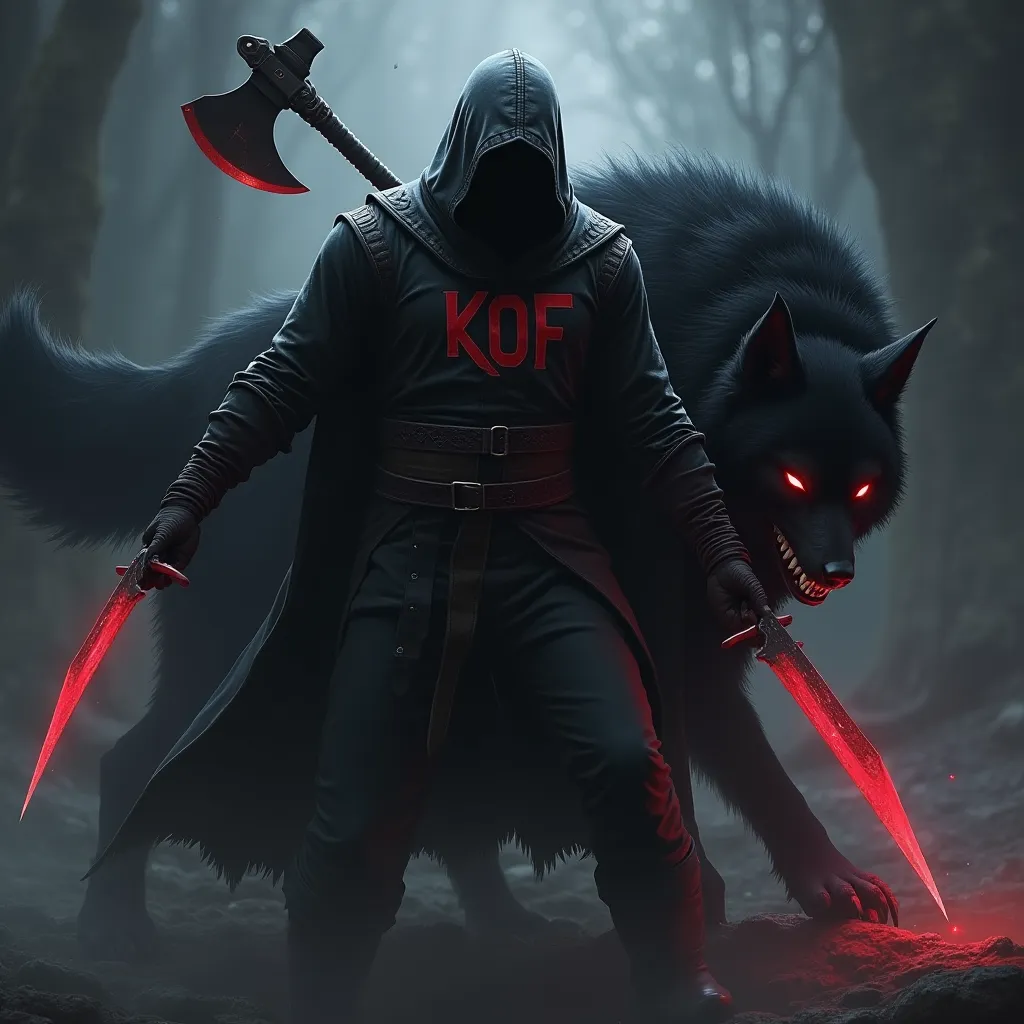 A mysterious black assassin who holds a sharp red dagger and wears a robe with the words of "KOF" and an axe on his back who is fighting and being helped by a vicious black wolf. 