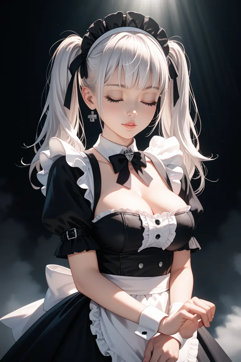  gold　twin tails　  white 　young girl　 black gothic dress　Big Breasts　I'm closing my eyes　Anime Face　anime style　Maid Robo