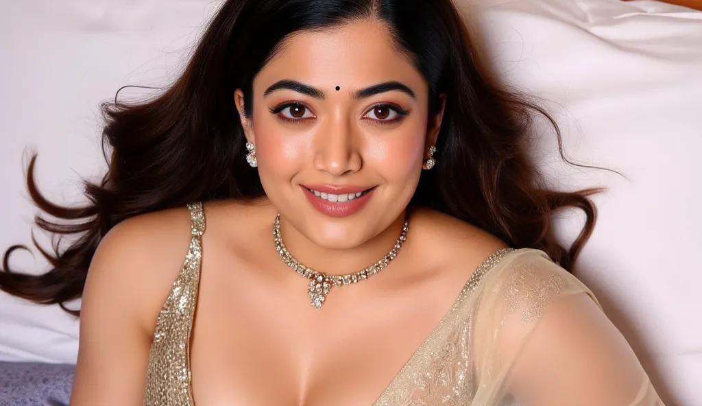 Perfect curvy  Indian  wife with organza net deep neck blouse saree, fit and beautiful woman, HDR, 8k, hyper detailed, best quality, ultra-high resolution, HDR, 8k, lying on the bed  , look at viewer, waist level view, wearing platinum ornaments, casual po...