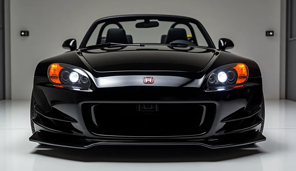 Create a 3d render (front bumper) review car design 2025 Honda S2000)  “black colour with a “2025 Honda S2000 ” logo on back. “ on its  back end look. and Headlights“in pure glossy black with ultra detailed glossy shining image captured from  (front bumper...