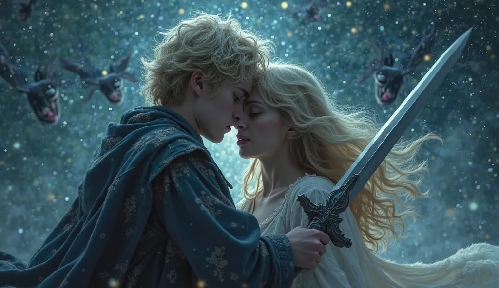  fantasy。Attacked by an oncoming crowd of flying devils、Blonde crying and closing his eyes。A young man who hugs a beautiful woman and protects her while fighting with a sword with an angry face。Stars that shine like crystals at night。4K