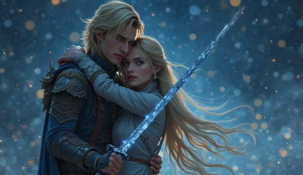  fantasy。A young man who hugs a beautiful、Blonde crying and closing his eyes。A young man who hugs a beautiful woman and protects her while fighting with a sword with an angry face。Stars that shine like crystals at night。4K