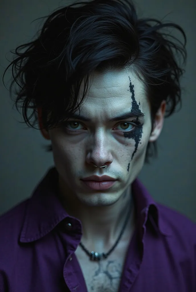 Create an image of a man with pale grey skin, a large scar on the right side of his face, emo black hair, a septum piercing and a purple shirt