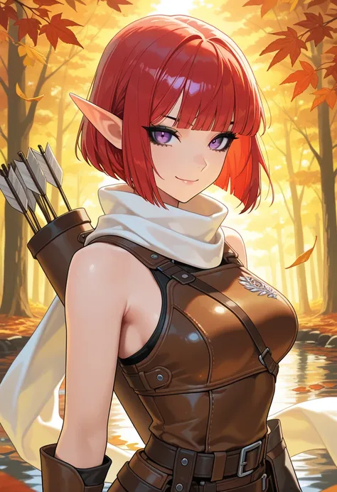 masterpiece,best quality, amazing quality, very aesthetic,newest, 1girl, breasts, weapon, solo, bow, riverside background, autumn season, falling leaves, (crimson hair), ((redhead hair)) holding weapon, holding, nocking, medium breasts, holding bow, gloves...