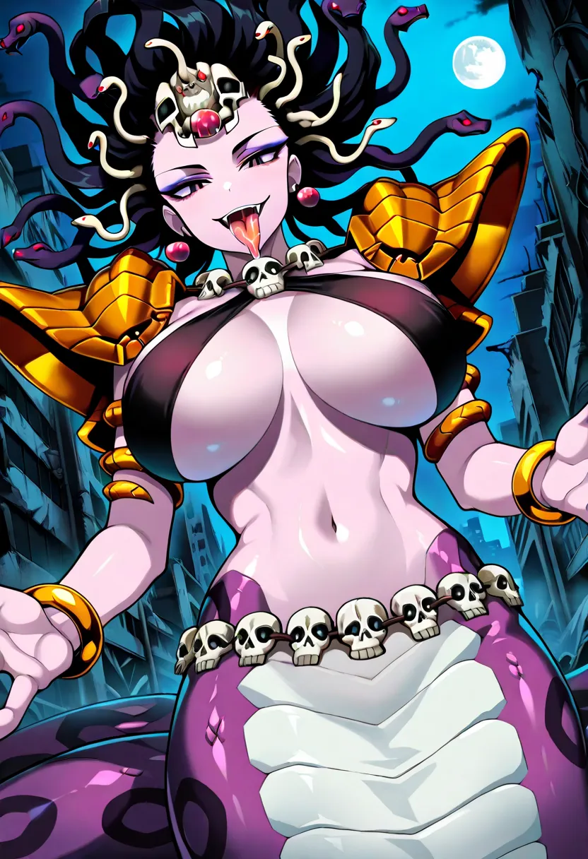 1girl:1.2, solo, Ganriki, lamia, purple snake tail, monster girl, 3 fingers, gigantic large breasts, natural breasts, hidden breasts, underboobs, pink skin, black-eyes, golden bracelet, gold armor ,halterneck, black hair, snake hair ,wavy big hair, skull n...