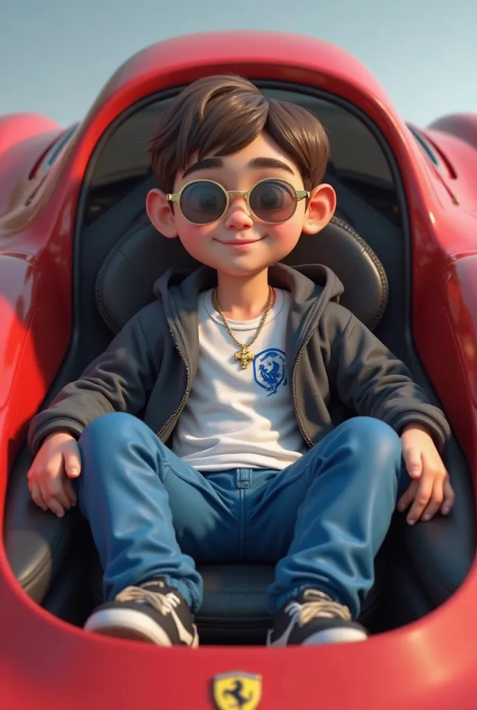 Create a 3D image of a 22-year-old boy sitting in a red Ferrari behind version, with both feet out, dressed in a white T-shirt with a blue eagle logo at the top left, with a black tracksuit, with blue cargo pants, with blue cargo pants, with a blue cargo p...