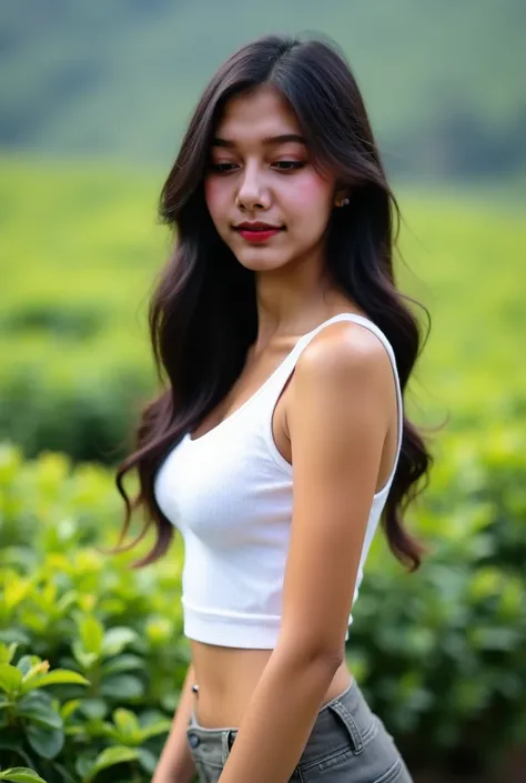 Pretty Woman, Thai female Sexy star, Bright tanned skin, long black hair, graceful figure, large breasts, wide hips, wearing Casual wear Tank Top, Casual wear skirt, comfortable home clothes, beautiful figure, firm, tall, big breasts, small waist, big hips...