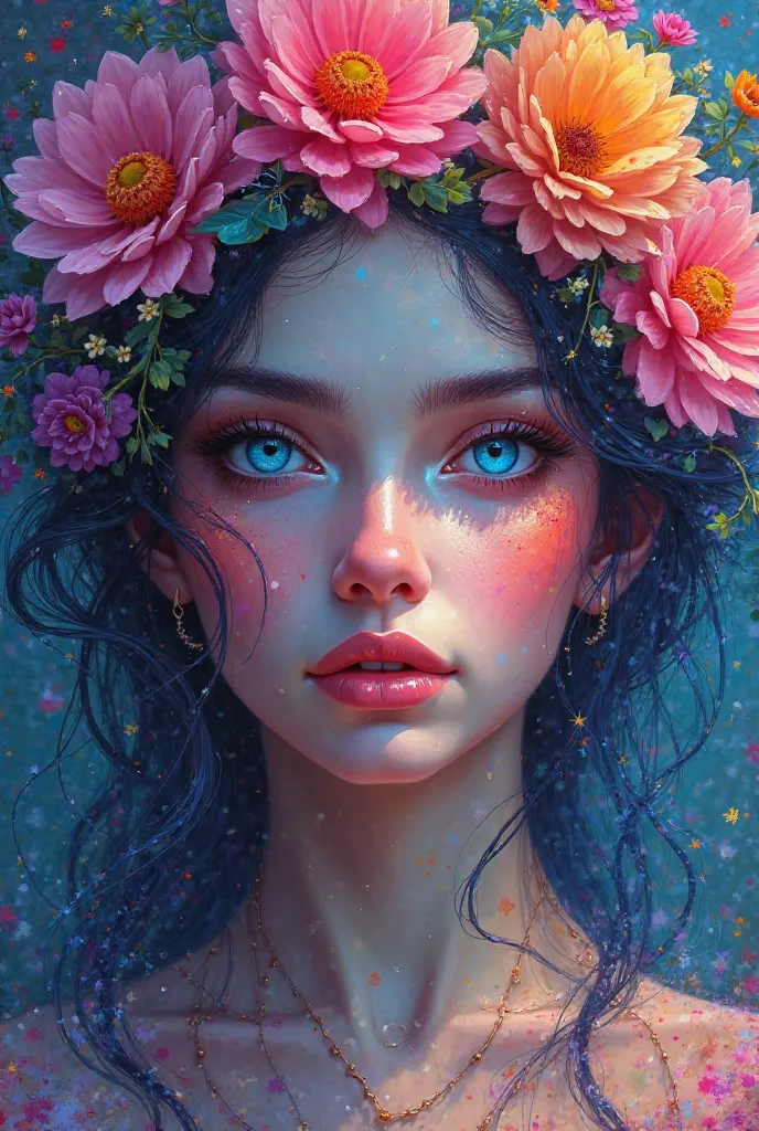 a painting of a woman with flowers in her hair and blue eyes, with bright colors on her face, Araceli Gilbert, psychedelic art, highly detailed digital painting, an airbrush painting