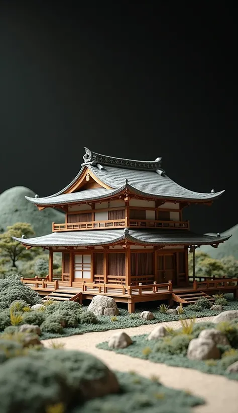 Japanese ancient architecture, rural, handmade model style, detail close-up, 4k, scenery, competition, landscape, black background, depth of field