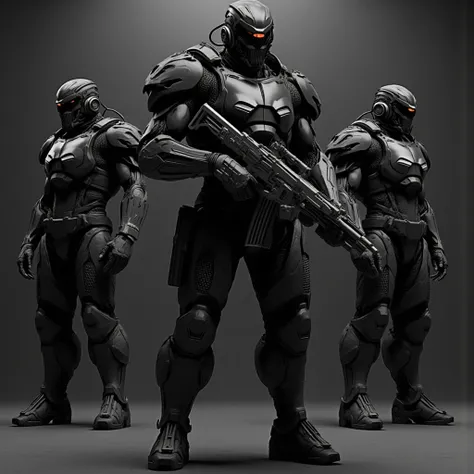 Futuristic senior officers in massive black and matt high-tech armor and exoskeleton(with rare red diodes),  Their helmet is designed in a high-tech style with a protective thin scarlet visor and built-in infrared sensors and pointed ears, they are holding...