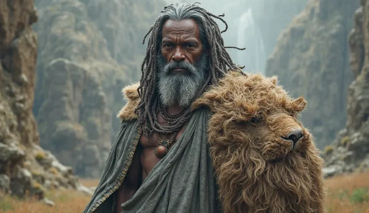 A handsome dark-skinned brown mature man with grey dreadlocks wearing grey robes, holding a lion-skin cloak, 3d realistic, highly detailed features