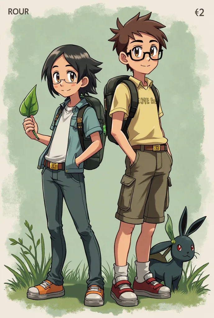 An image for a Pokémon card, by a pair of trainers :  a tall boy ,  with short brown hair, brown eyes with glasses, Put a plant leafeon next to it; a girl, With black hair over the straight shoulder, brown eyes with glasses, Put an Umbreon next to him