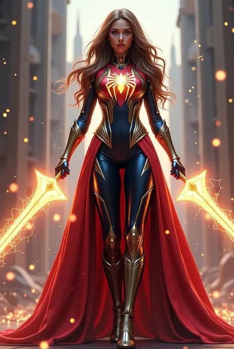 An ultimate magical form of Spider-Woman, featuring an opulent and armored gown in metallic red, blue, and black hues. The dress is designed with glowing web-like patterns of gold and silver, and the spider emblem on her chest radiates divine energy. She h...