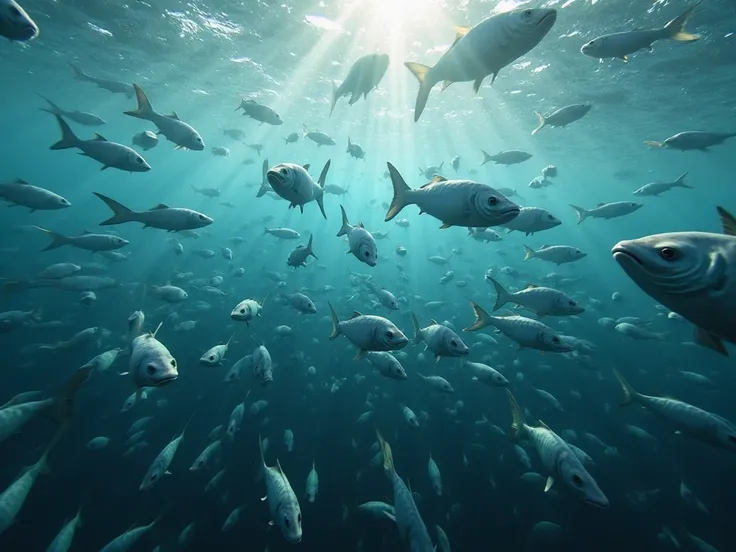 An underwater view of a massive school of cá linh swimming against the current in Hậu Giang’s floodwaters. The clear water reveals the silver scales glistening as they move in perfect harmony. Sunlight penetrates the water, creating a mesmerizing effect. U...