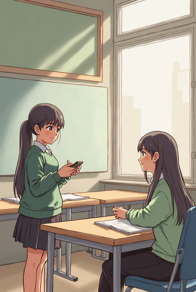 
Two female students were sitting studying, with the teacher standing in front of the room teaching. The first student was intending to study, the second was studying nonfiction as a humorous cartoon character.